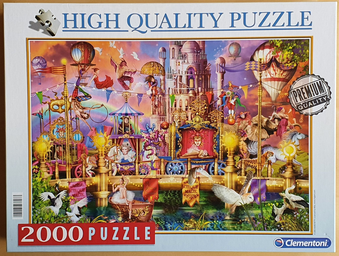 A fantasy circus scene with performers, ornate carriages, hot air balloons, and a castle under a sunset sky.