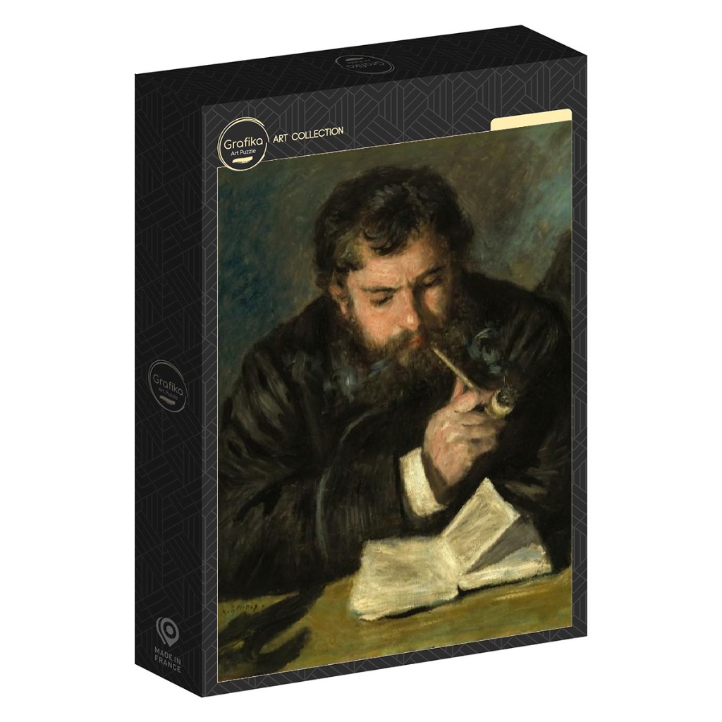 Oil painting portrait of a bearded man smoking a pipe while reading a book.