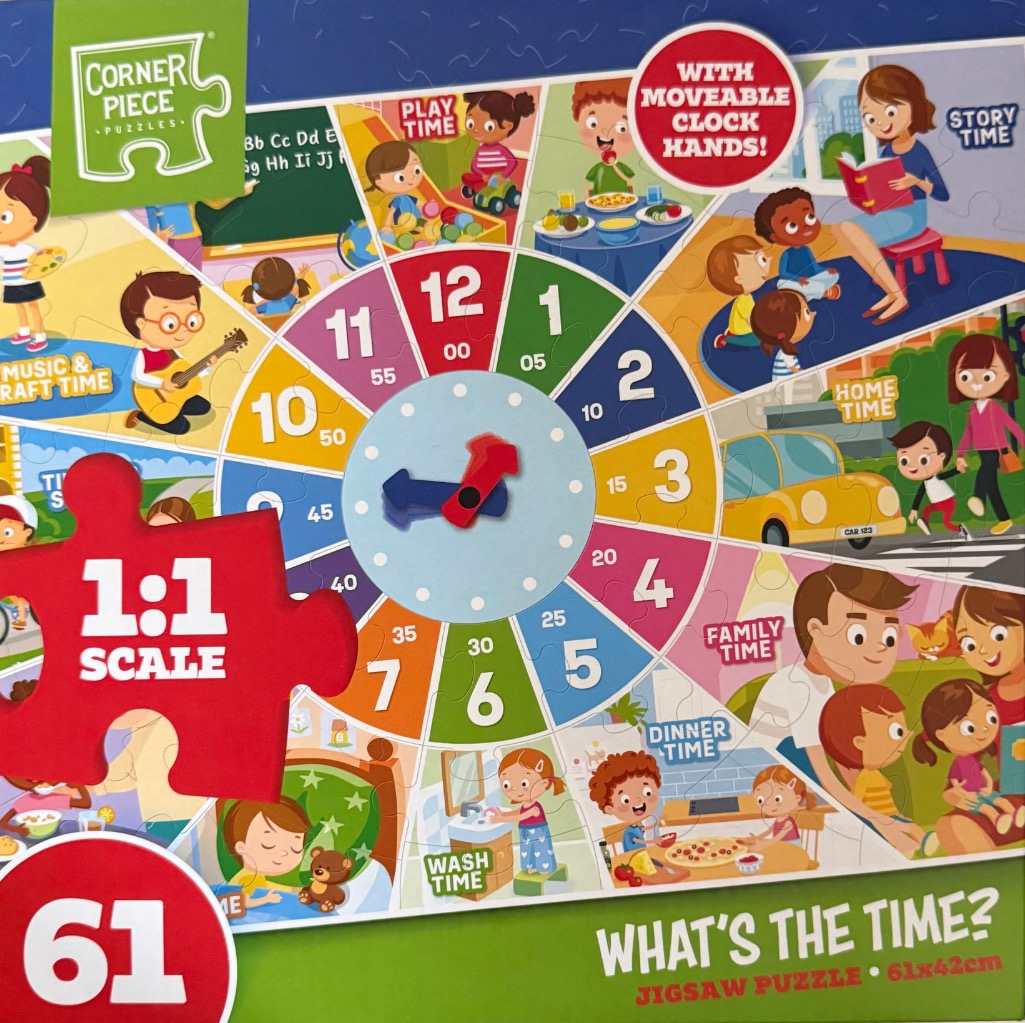 An educational jigsaw puzzle featuring a clock face surrounded by illustrations of children doing daily activities.
