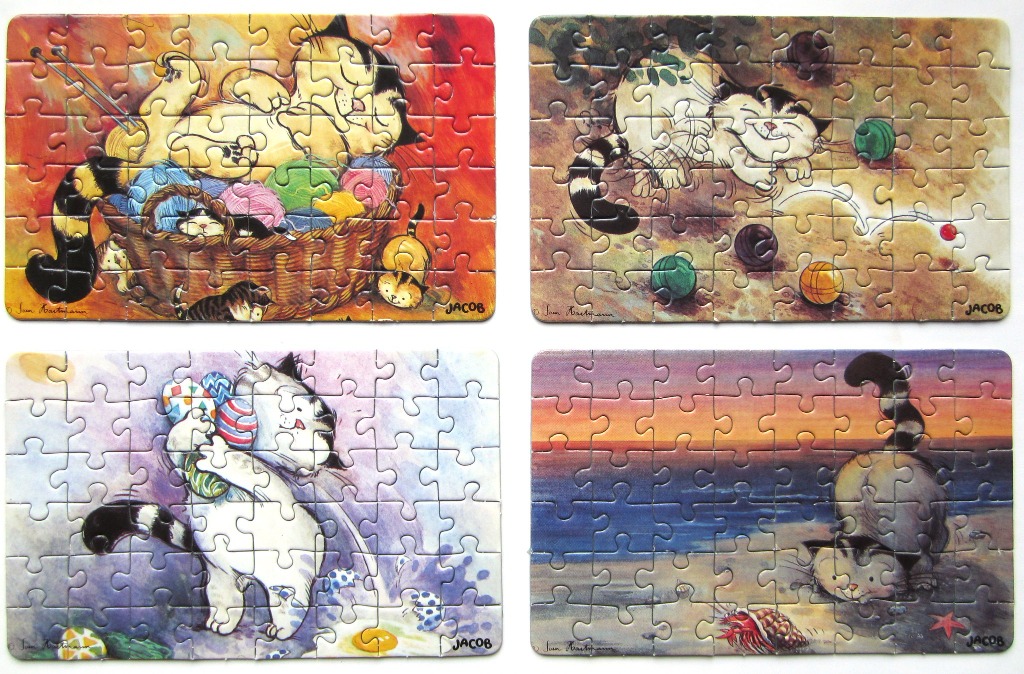 Four separate rectangular illustrations of cartoon cats in various playful settings.