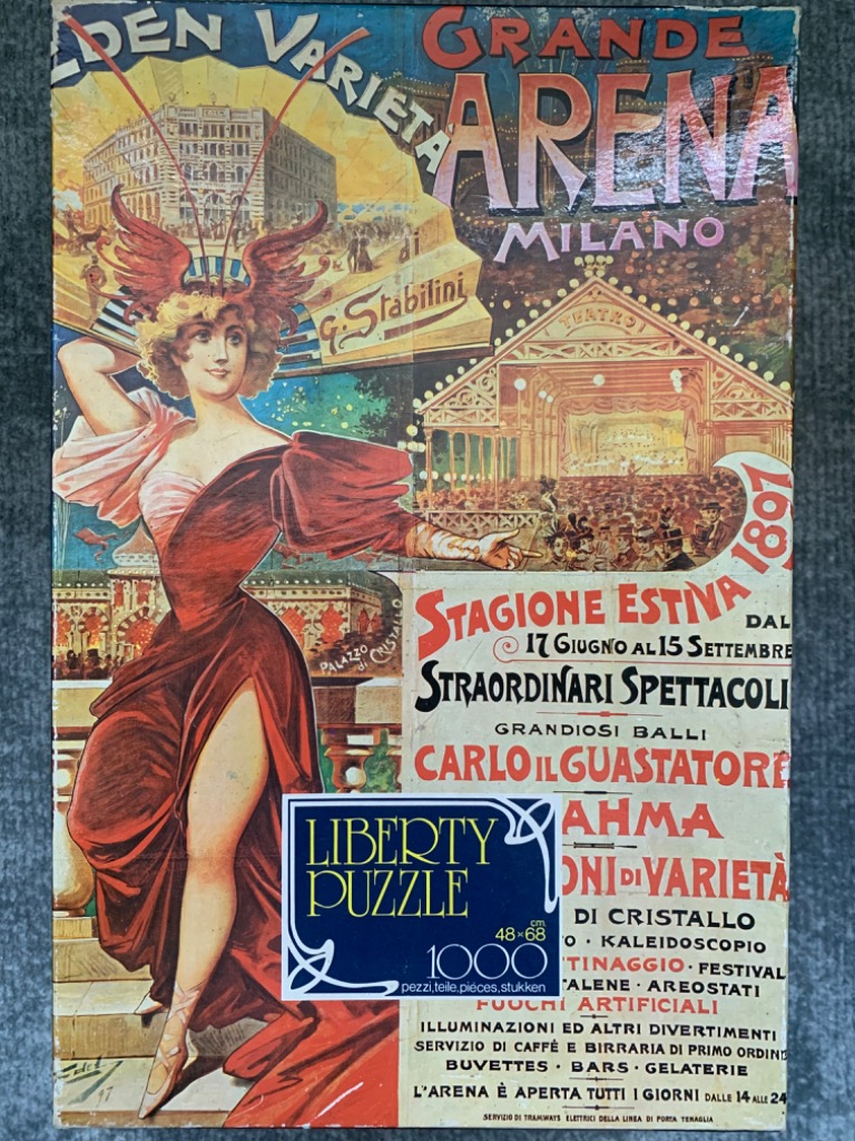 Vintage poster advertisement for the Grande Arena in Milan featuring a woman in a red dress with wings.