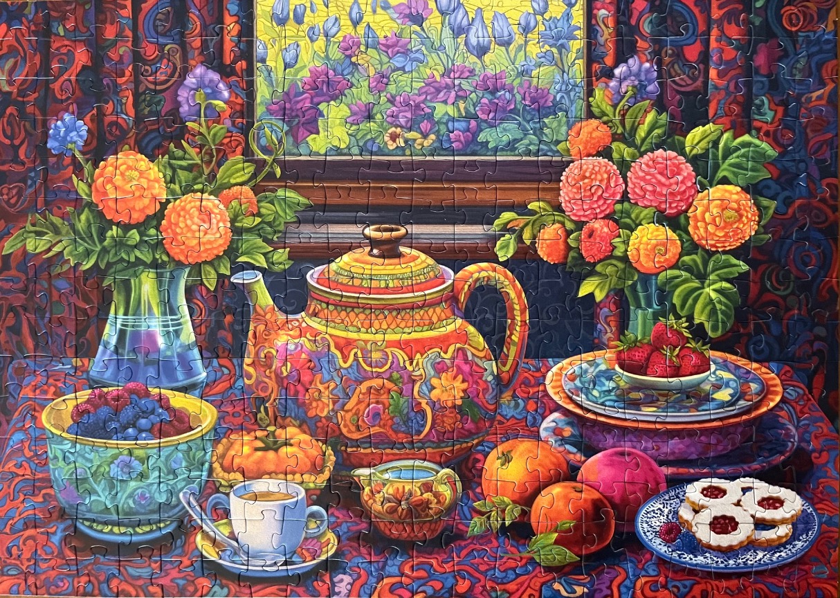 Still life painting of a tea setting with flowers, fruit, and a decorated teapot in front of a window.