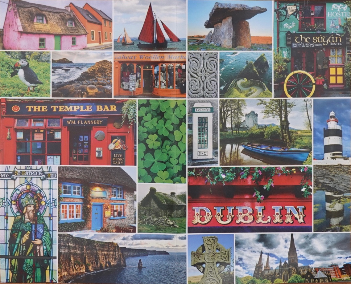 A collage of various photographs depicting Irish landscapes, historic buildings, and cultural symbols.