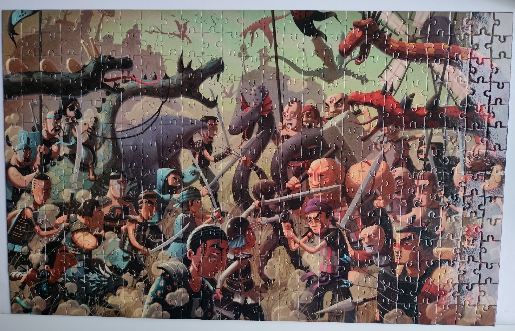An animated, humorous battle scene featuring medieval warriors and dragons in a dusty, muted landscape.
