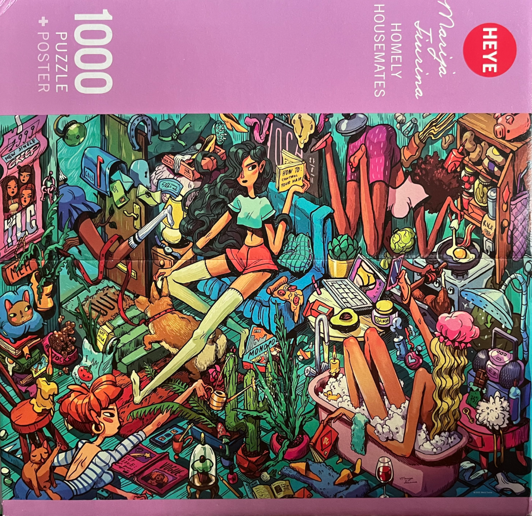 Illustration of a cluttered room with three diverse women and a dog.