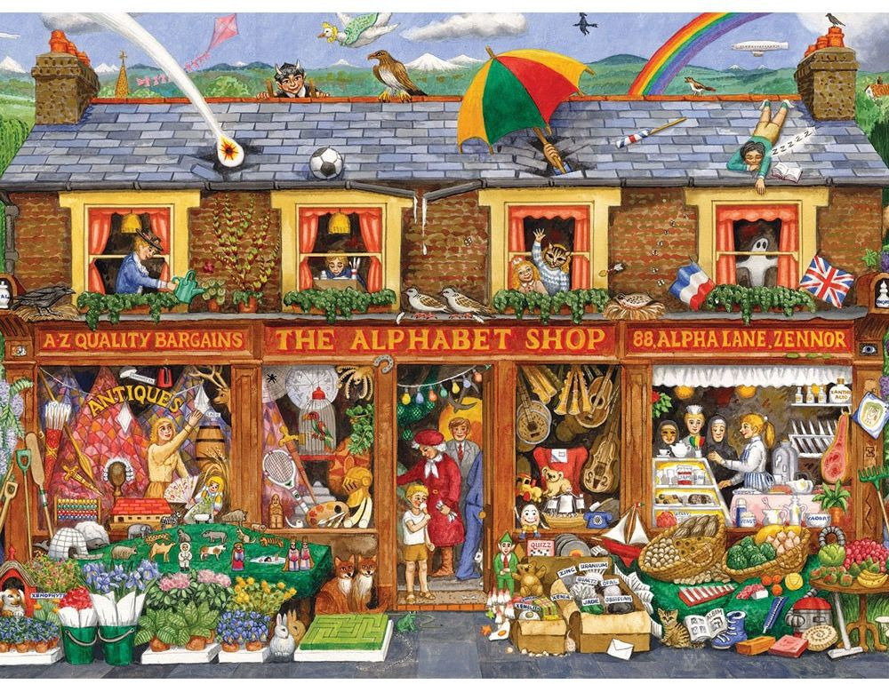 A whimsical multi-story shop featuring a variety of alphabet-themed items and chaotic scenes on the roof.