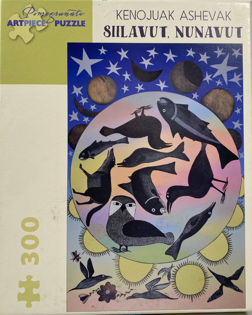 Indigenous art print featuring a circular composition of dark birds and fish against a gradient moon and starry night sky.