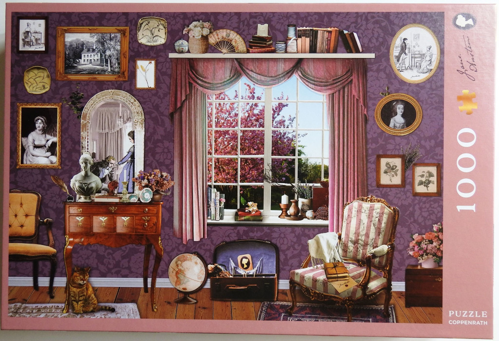 A cozy Regency-style room with a window view of blossoming pink trees and Jane Austen-themed decor.