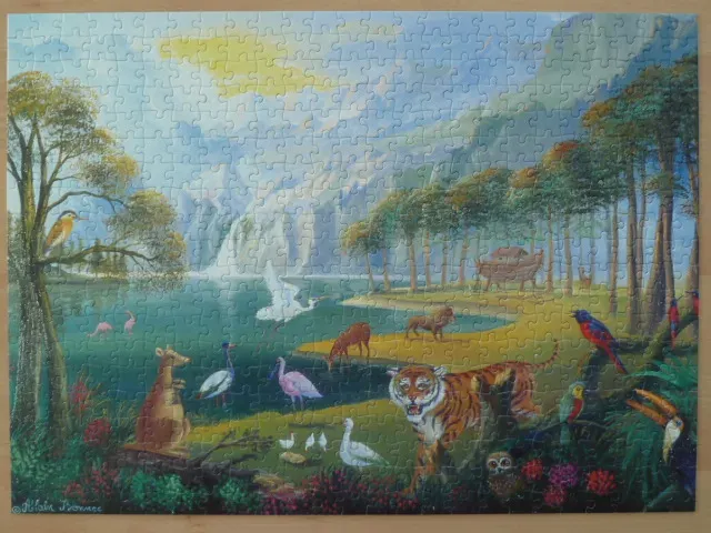 A detailed painting of Noah’s Ark in a lush, diverse wildlife landscape with many species of animals.