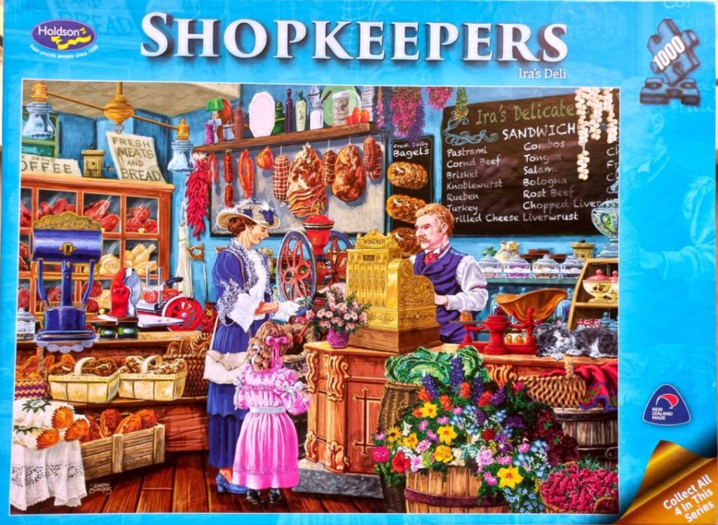 An illustration of a woman and child at an old-fashioned deli counter.