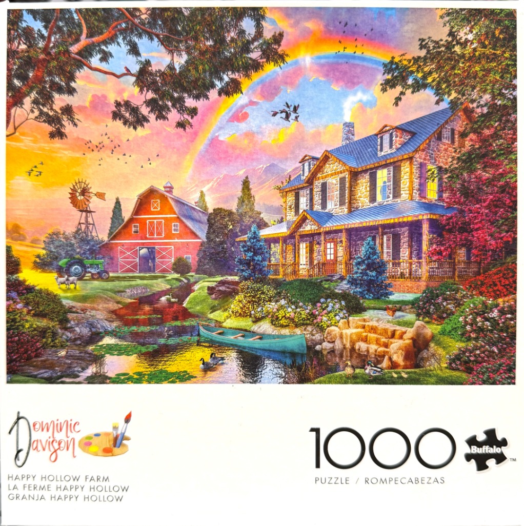 A peaceful farm scene at sunset with a stone house, a red barn, a pond, and a large rainbow in the sky.