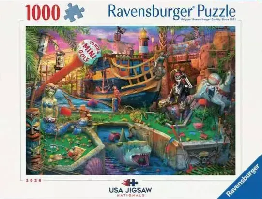Whimsical illustration of a pirate-themed miniature golf course with skeletons and a shark.