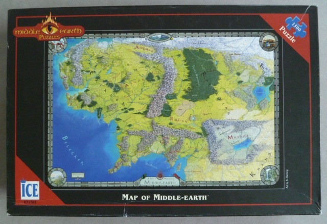 An illustrated, fantasy-style map of Middle-earth showing terrain, kingdoms, and bodies of water.