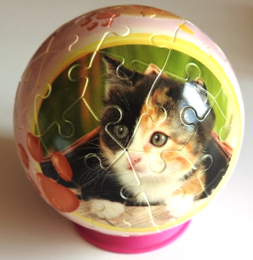 A spherical object featuring a calico kitten portrait surrounded by decorative borders.