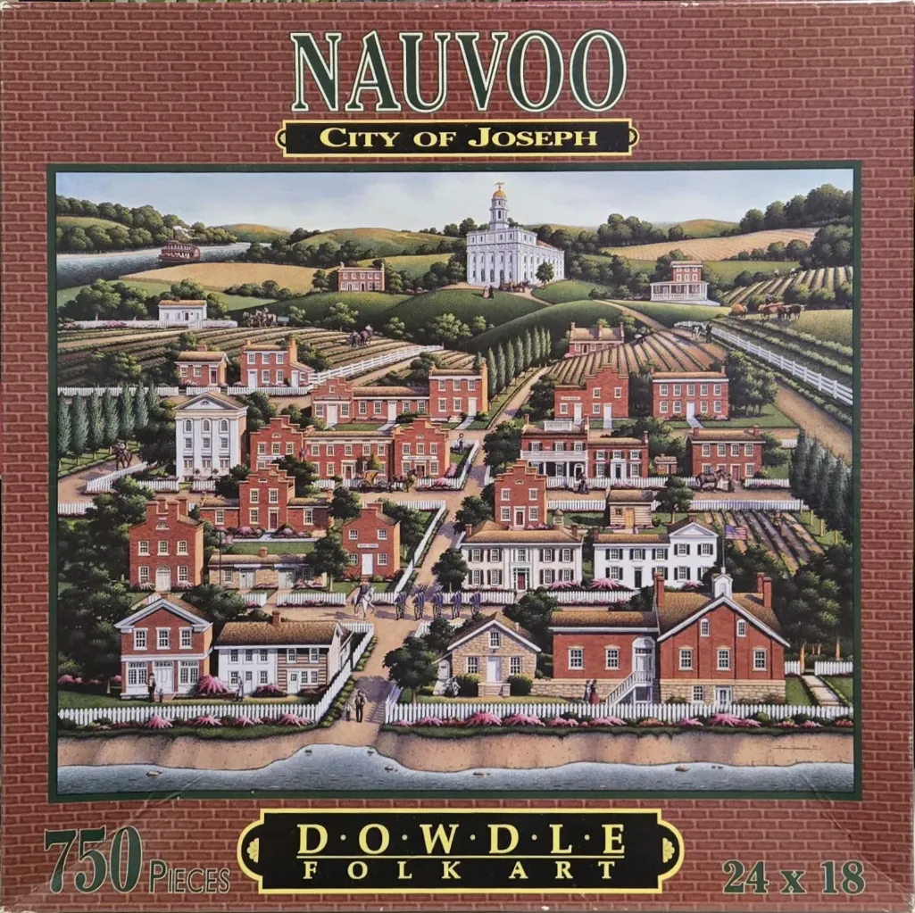 Folk art painting of the town of Nauvoo, featuring a prominent white temple on a hill overlooking brick homes and fields.