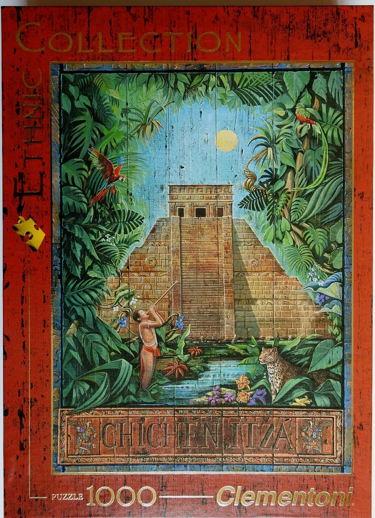 A painting of the Chichen Itza pyramid framed by lush jungle foliage, a man playing a flute, and exotic birds.