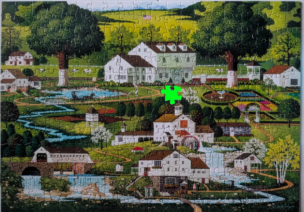 Folk art style painting of an idyllic rural landscape featuring multiple houses, a mill, and a winding stream.