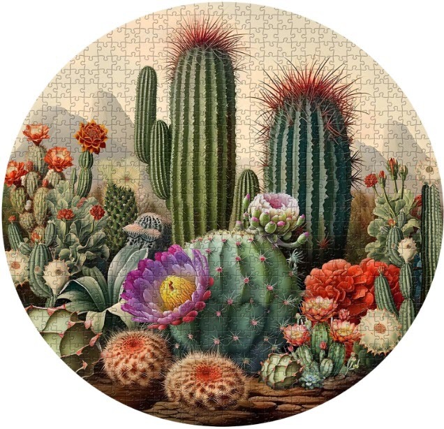 A circular botanical illustration of a desert landscape filled with various species of cacti and vibrant blooming flowers.