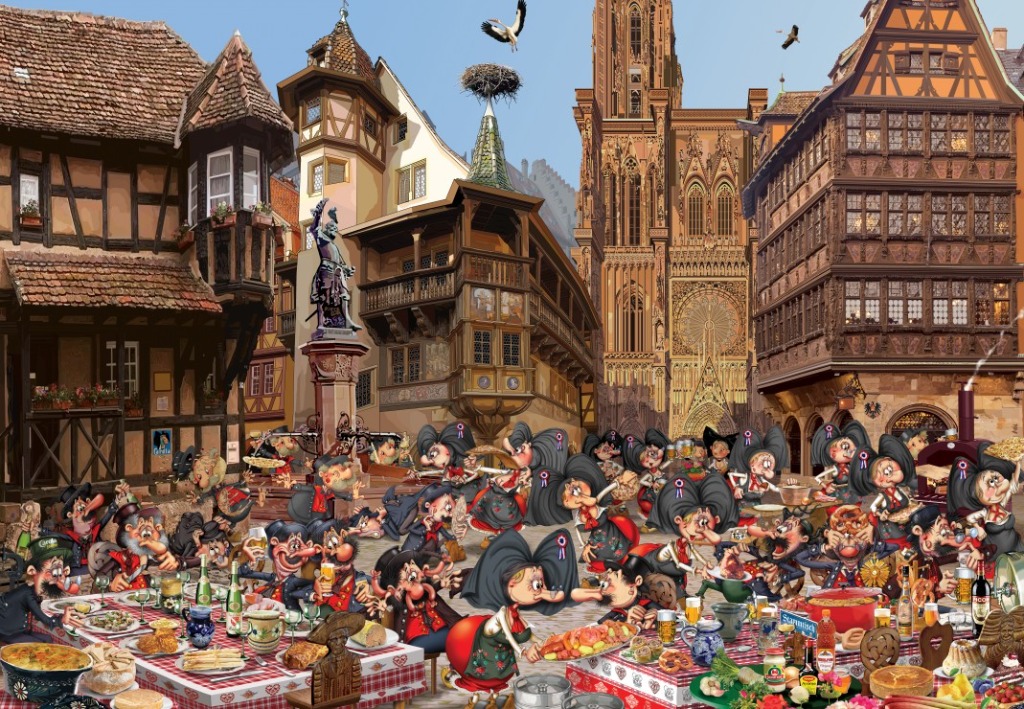 A lively scene in a historic Alsatian square featuring cartoonish figures enjoying a festive outdoor feast.