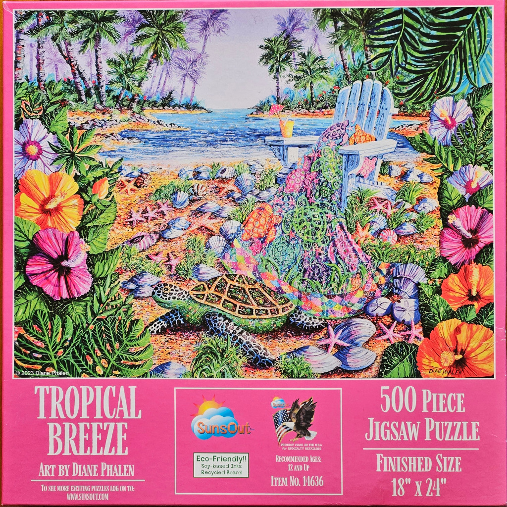 A vibrant illustration of a sea turtle on a sandy beach with a deck chair and hibiscus flowers.