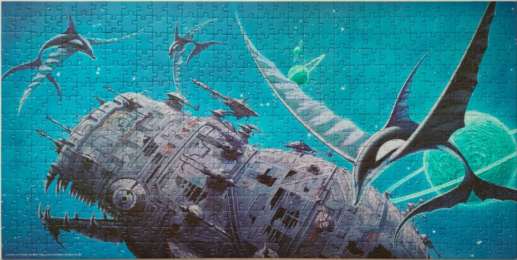 A science fiction illustration of a monstrous, mechanical space whale floating in a turquoise nebula with winged creatures.