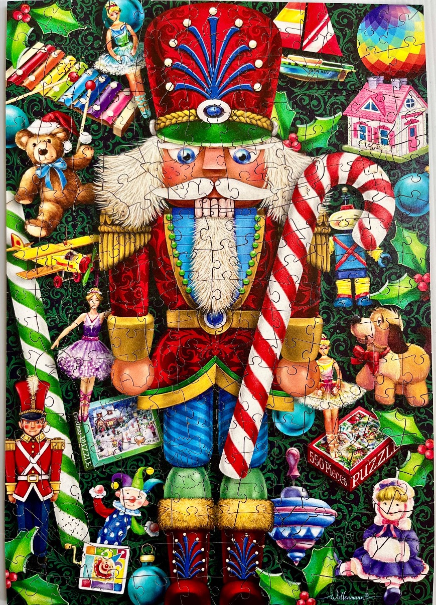 A whimsical Christmas nutcracker surrounded by various vintage toys against a dark green holly pattern background.