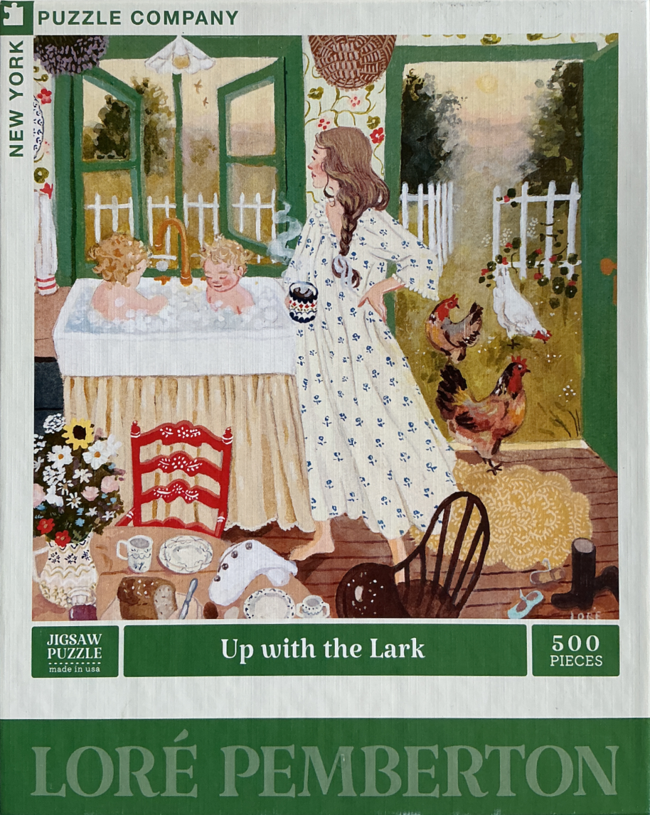 An illustrated scene of a mother watching two children in a bathtub in a rustic farmhouse kitchen.