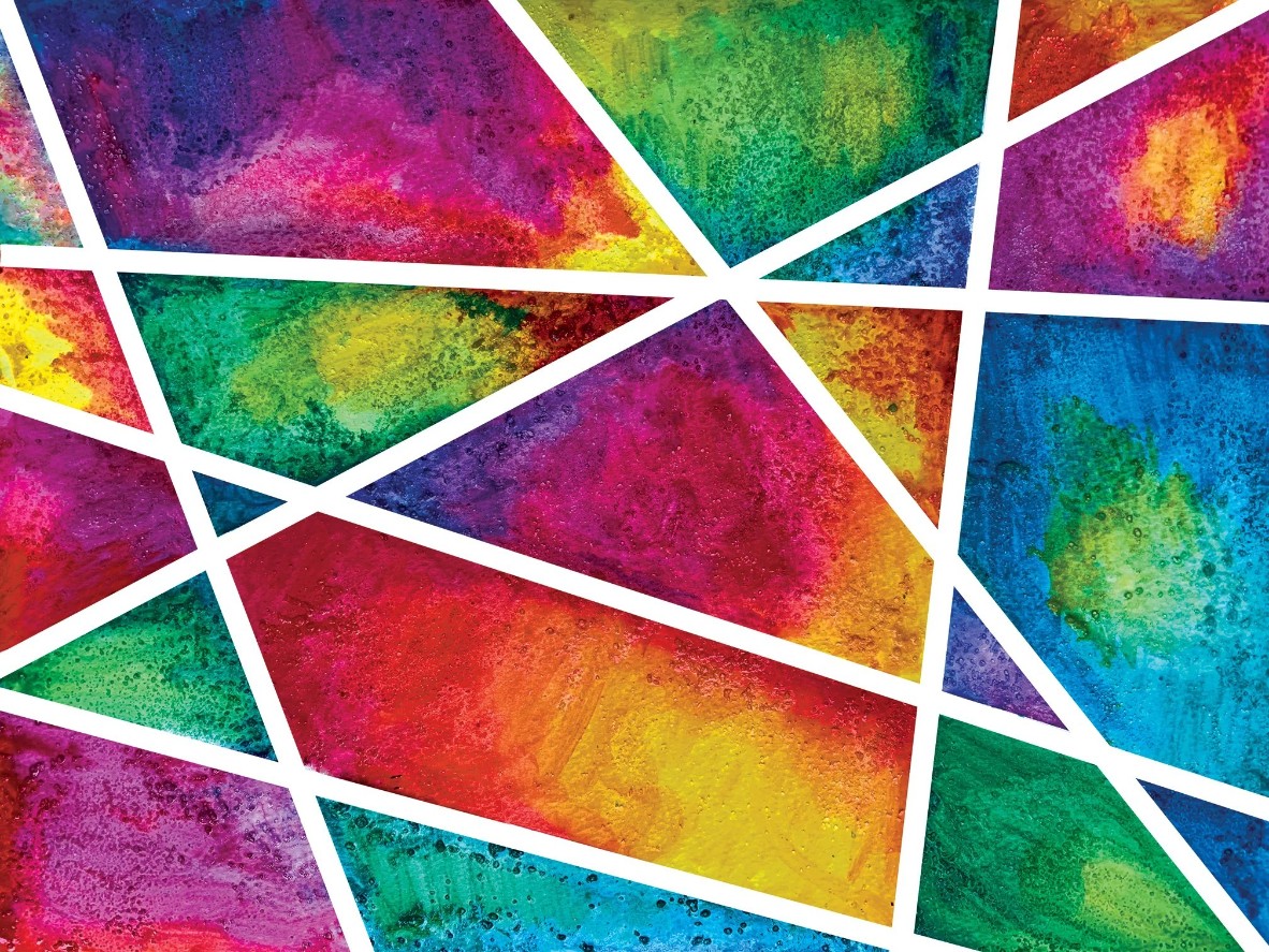 An abstract composition of geometric shards filled with vibrant, blended watercolor textures in rainbow colors.