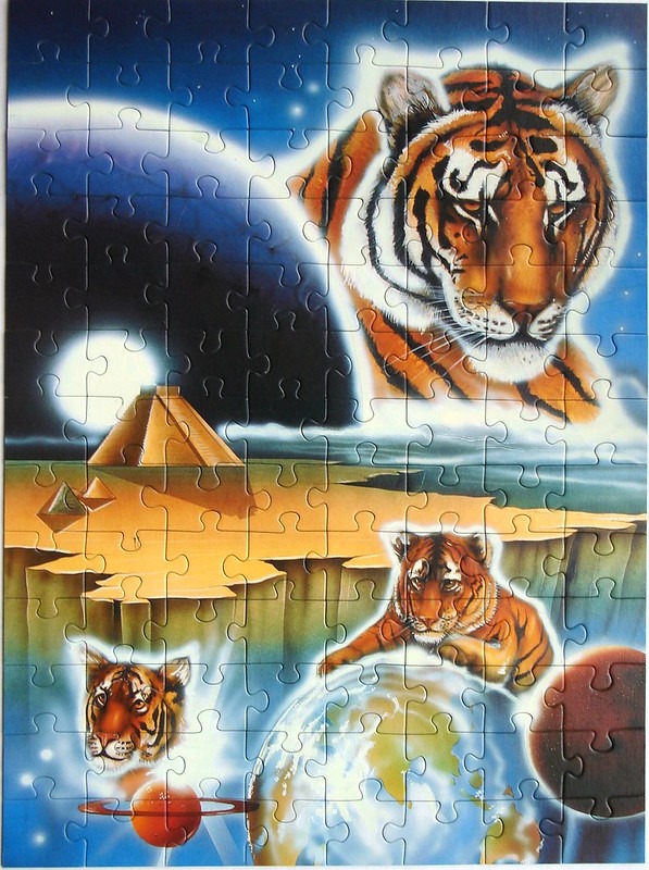 A surreal illustration of tigers appearing in a cosmic landscape with planets and a step pyramid.
