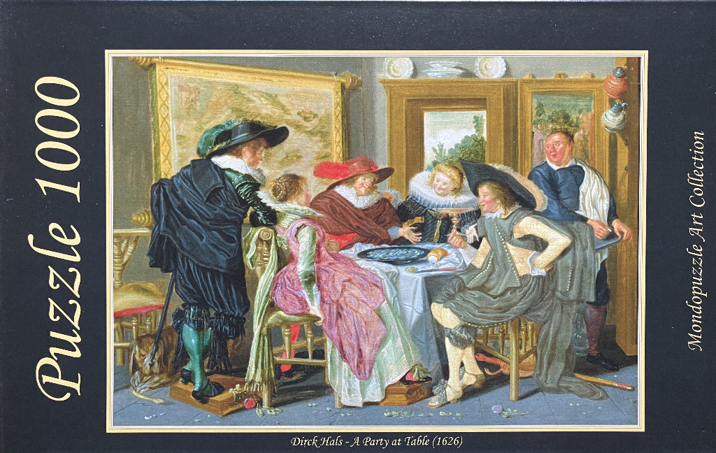 A 17th-century oil painting depicting five figures socialising around a table in a dimly lit interior.