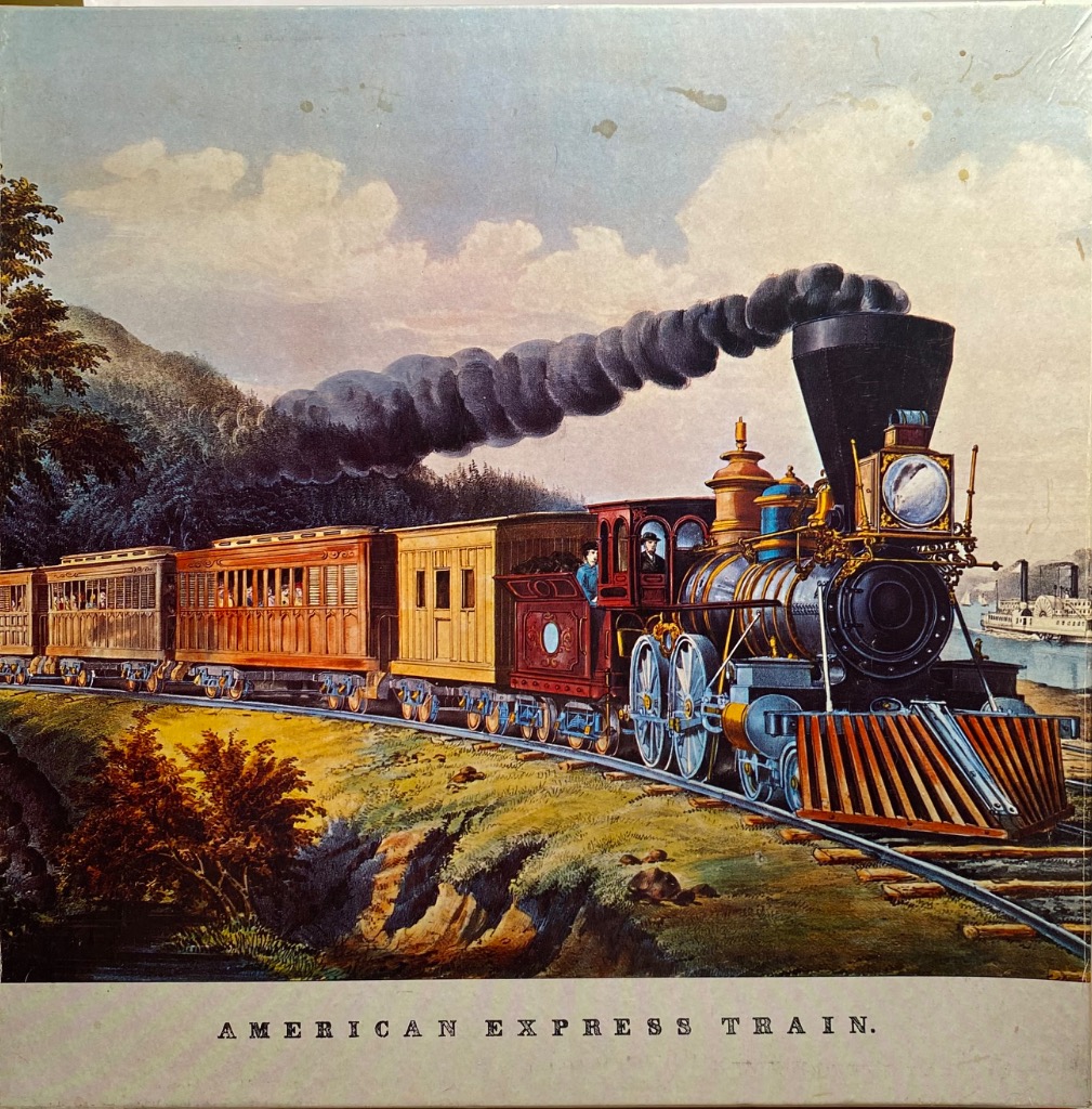Vintage lithograph illustration of a 19th-century steam locomotive, the American Express Train, pulling passenger cars.