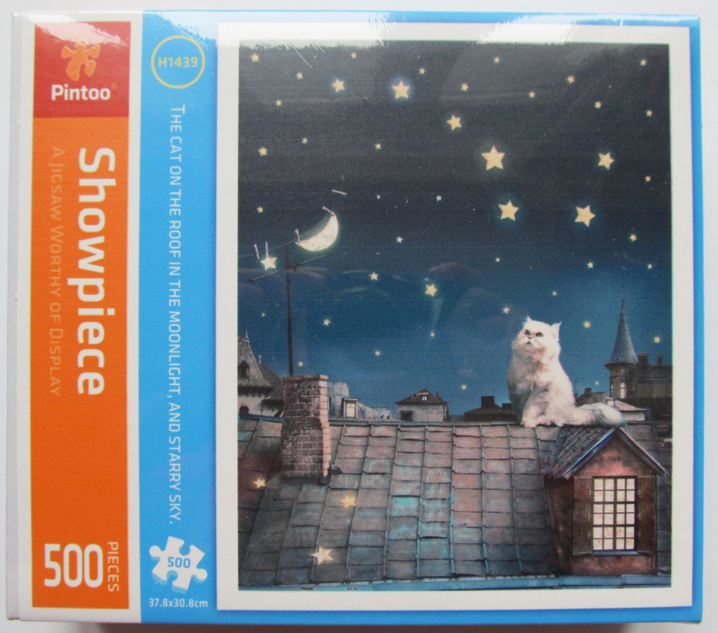 A white fluffy cat sits on a dark rooftop looking up at a starry night sky with a crescent moon.