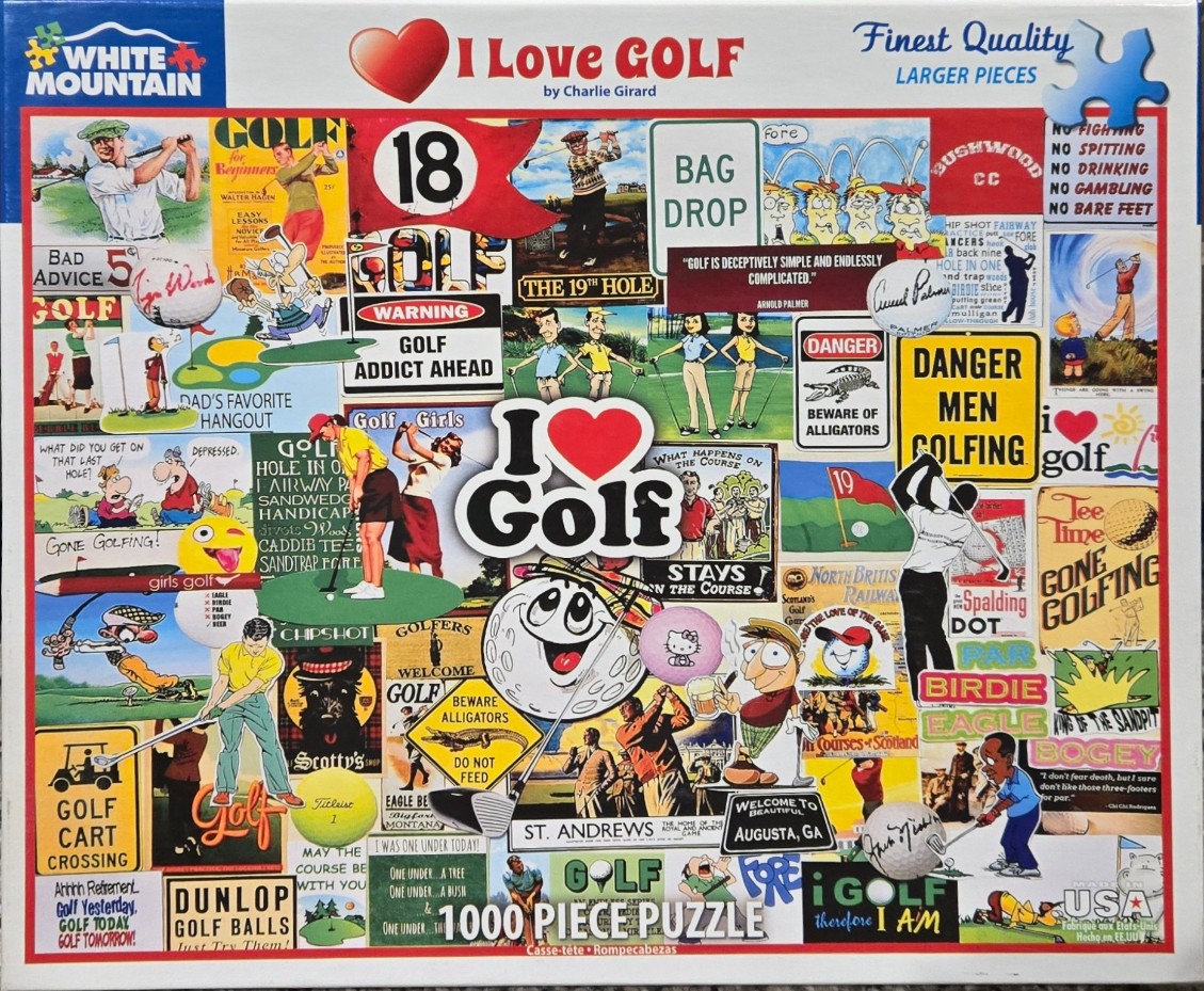 A collage of golf-themed illustrations, signs, cartoons, and vintage advertisements.