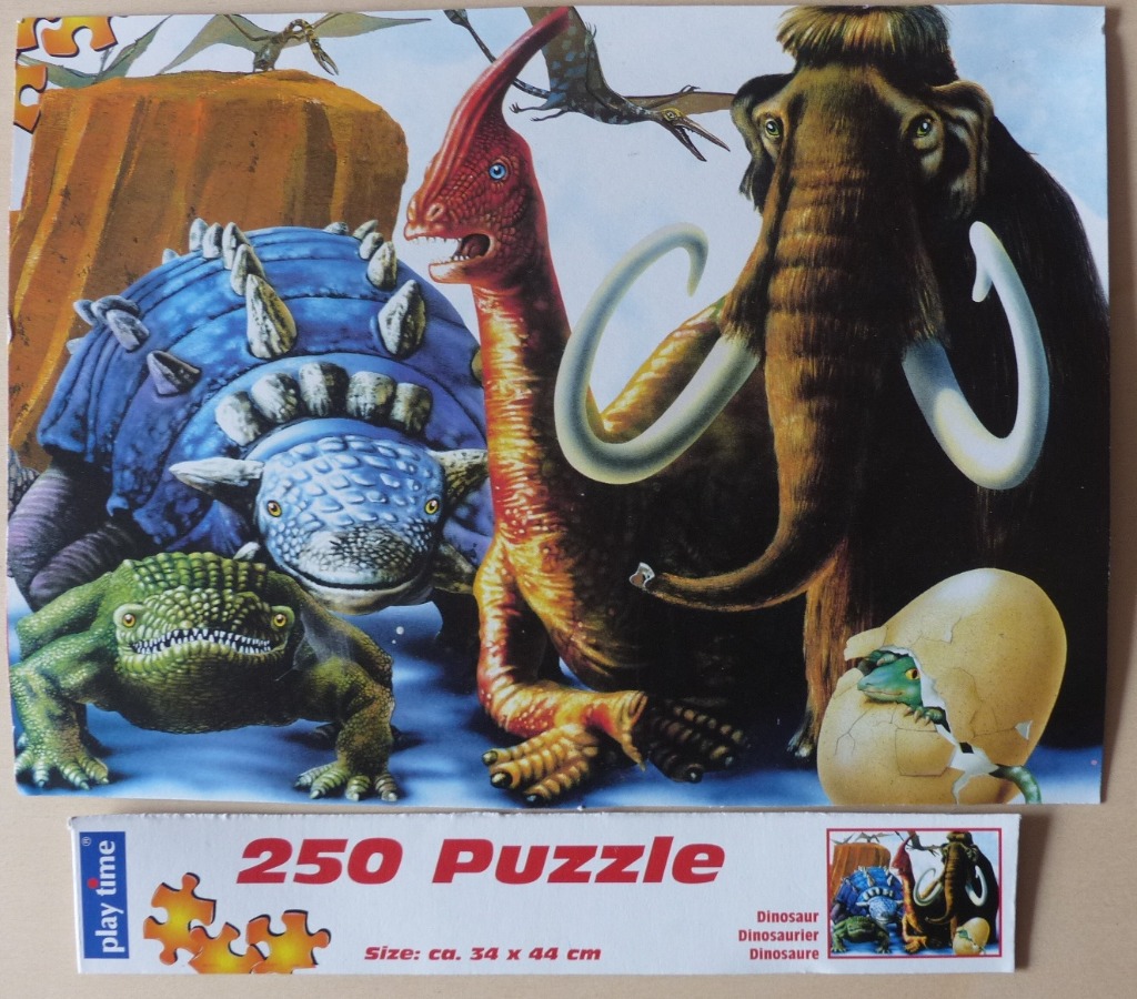 Illustration of prehistoric animals including an ankylosaurus, a parasaurolophus, and a woolly mammoth.