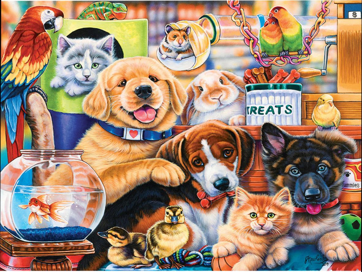 A group of diverse pets, including puppies, kittens, and birds, gathered together in a vibrant, colorful setting.
