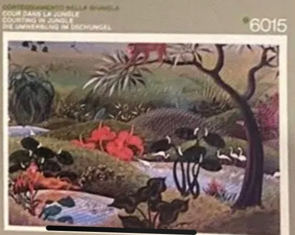 A lush jungle scene featuring a stream, vibrant red flowers, and a monkey in the trees.