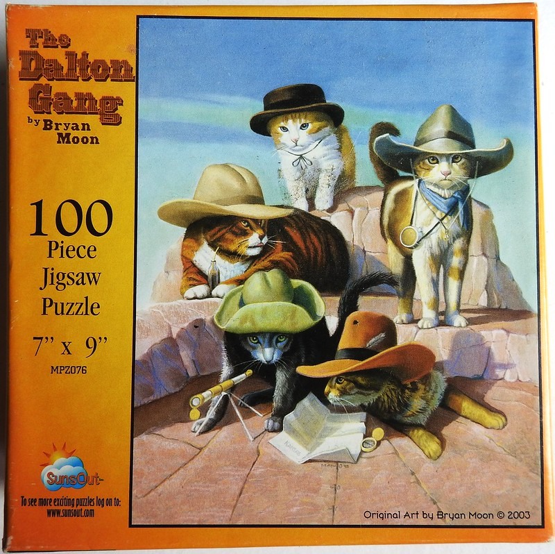 Five cats dressed as Wild West outlaws, complete with cowboy hats and gear, standing on a desert rock formation.