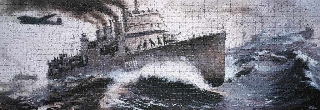 An atmospheric painting of a World War II destroyer cutting through rough, churning seas under a cloudy sky.