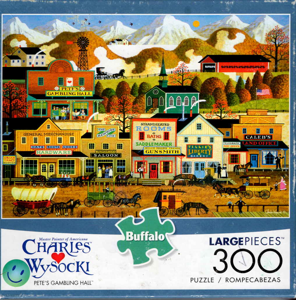 Folk art scene of a bustling 19th-century American western town nestled beneath snow-capped mountains.