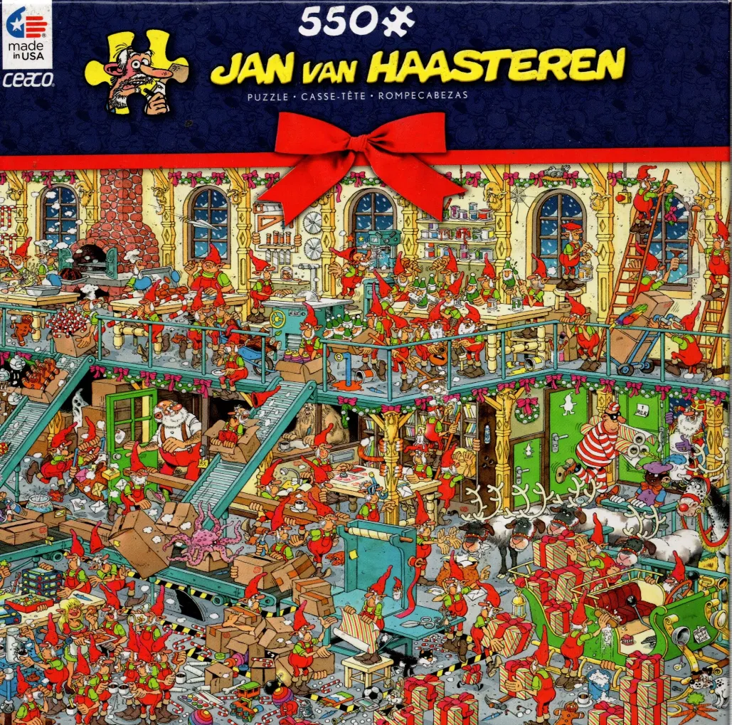 Busy cartoon illustration of Santa's workshop filled with elves, reindeer, and presents.