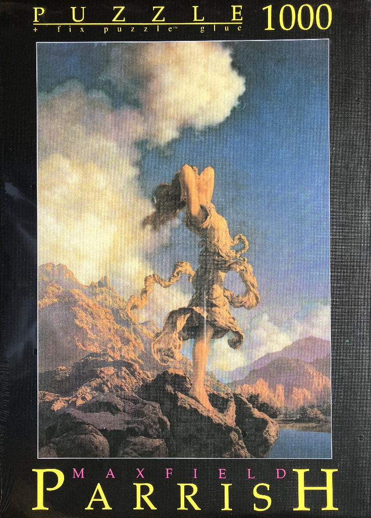 Maxfield Parrish painting of a woman in a flowing dress standing on a mountain peak at twilight.