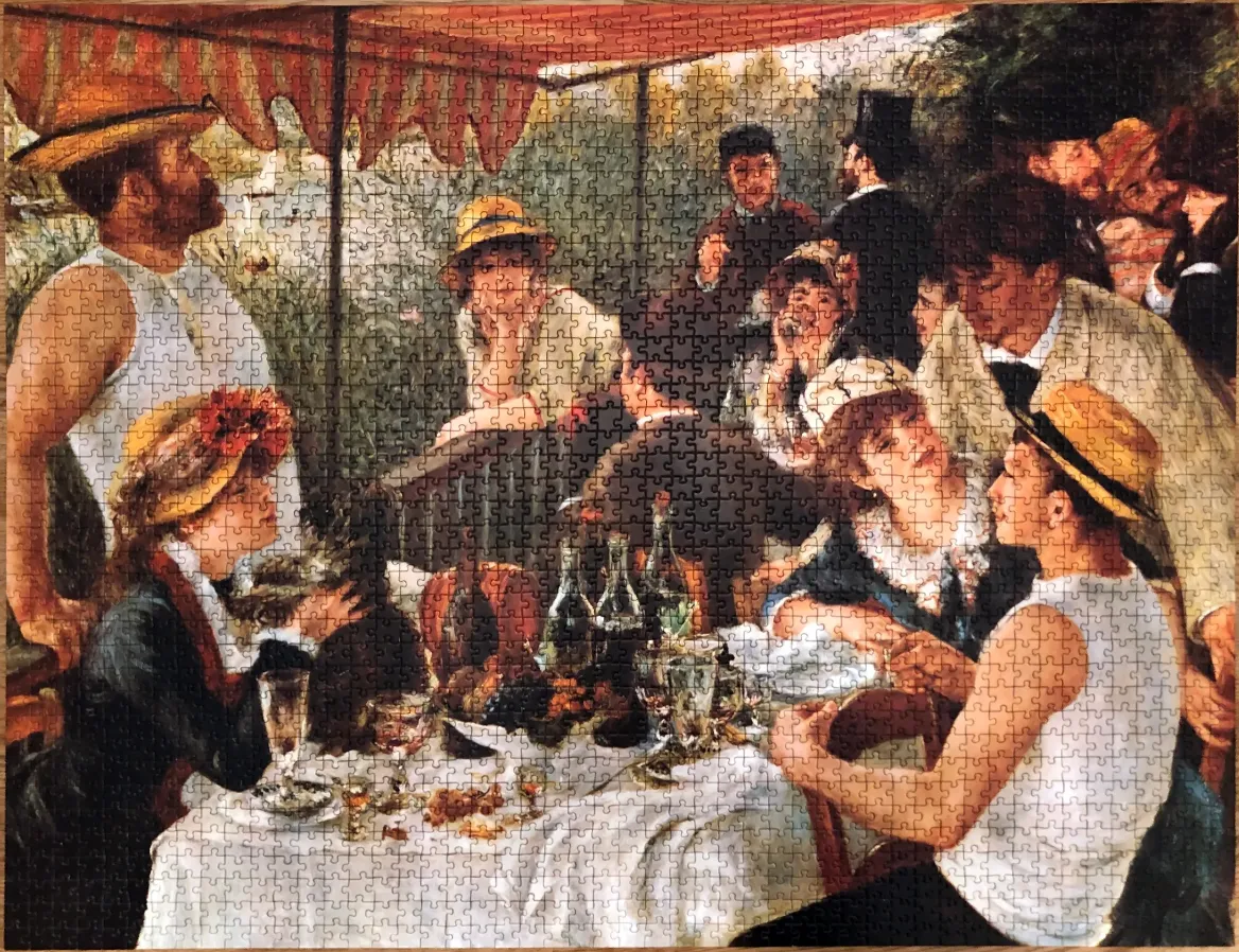 An oil painting of a group of people enjoying a luncheon on a terrace, reminiscent of Renoir's Luncheon of the Boating Party.
