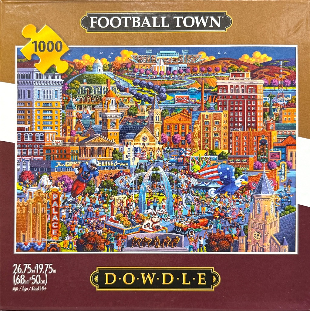 Folk art illustration of a bustling town centered around football, with a stadium in the background and crowds below.