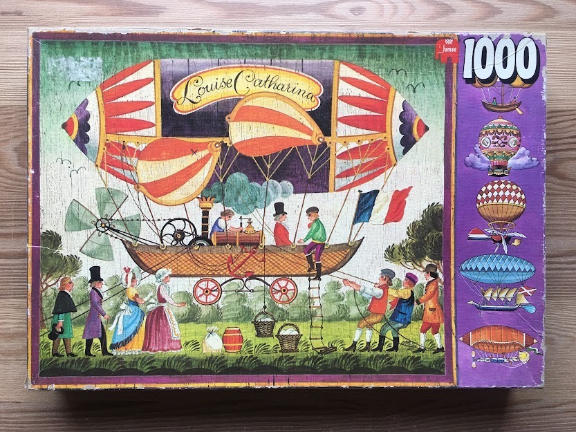 Illustration of a whimsical vintage airship named Louise Catharina with Victorian-era figures in a grassy landscape.
