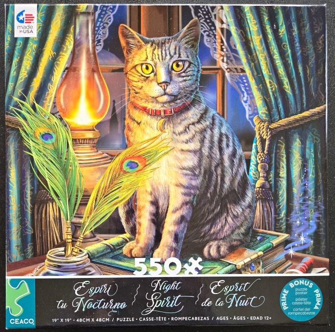 A tabby cat sits on a stack of books next to a glowing oil lamp and peacock feathers in front of a window at night.
