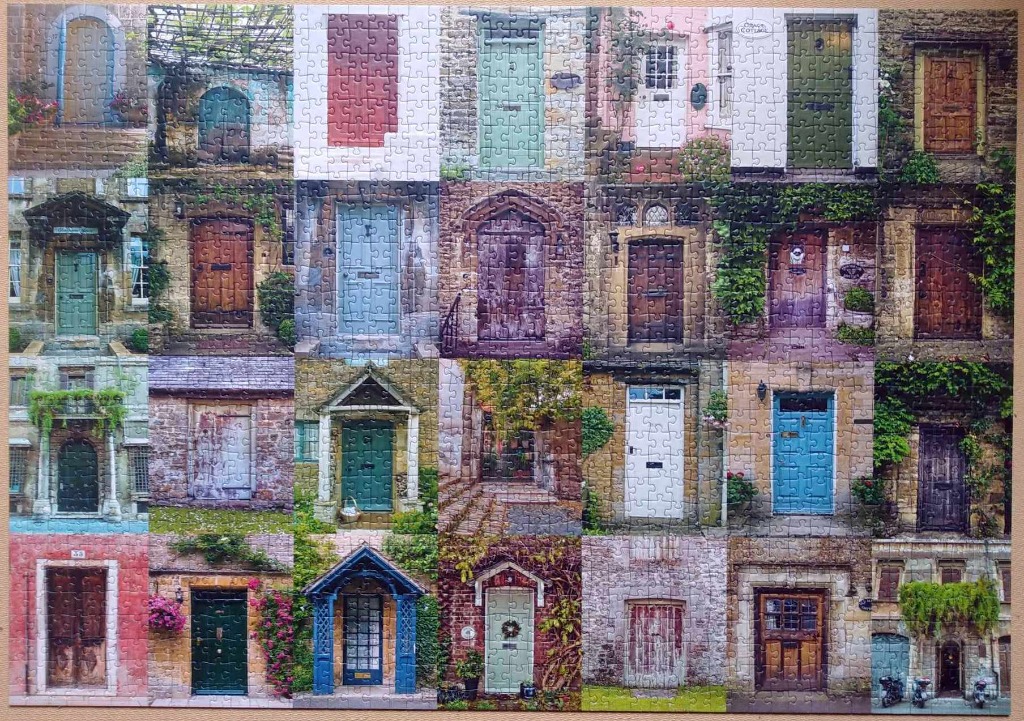 A collage of 20 colorful, varied architectural doorways from historic stone cottages.