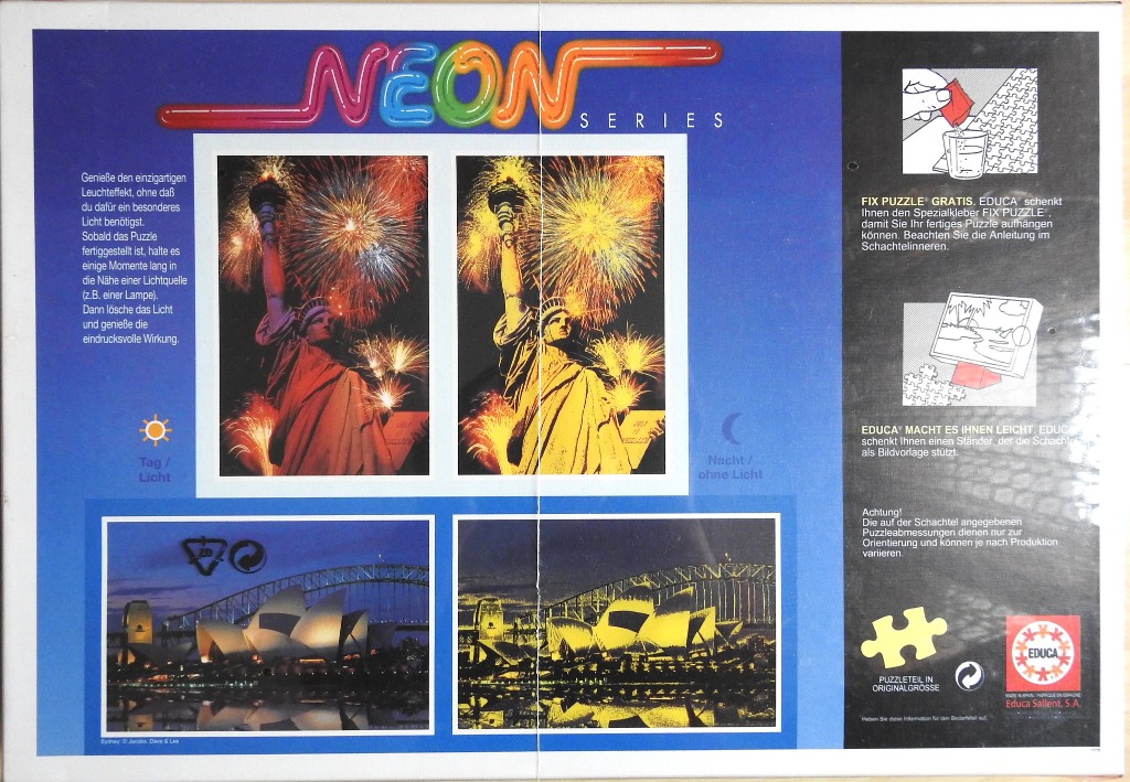 Collage of Statue of Liberty and Sydney Opera House showing daylight and glowing neon night effects.