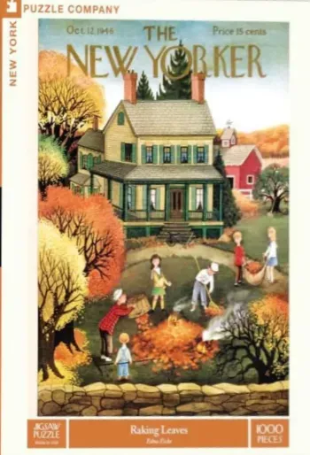 An illustration of children raking leaves in front of a colonial-style house during autumn.