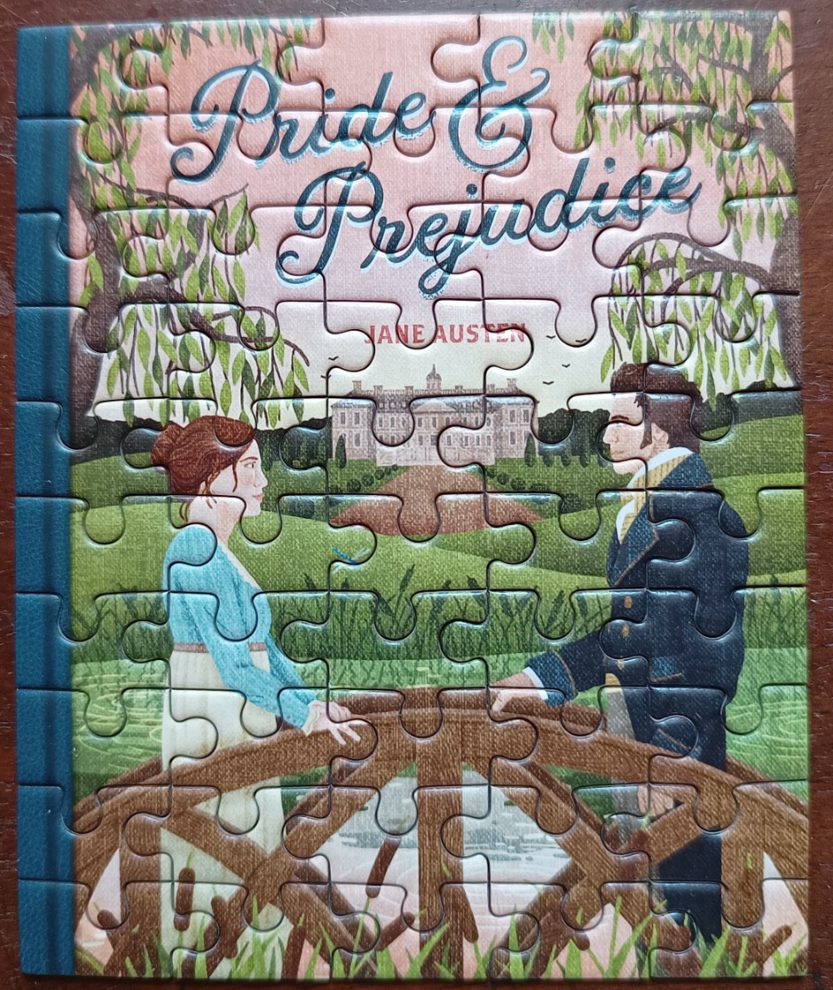 A whimsical illustration of Elizabeth Bennet and Mr. Darcy facing each other on a bridge, inspired by Pride and Prejudice.
