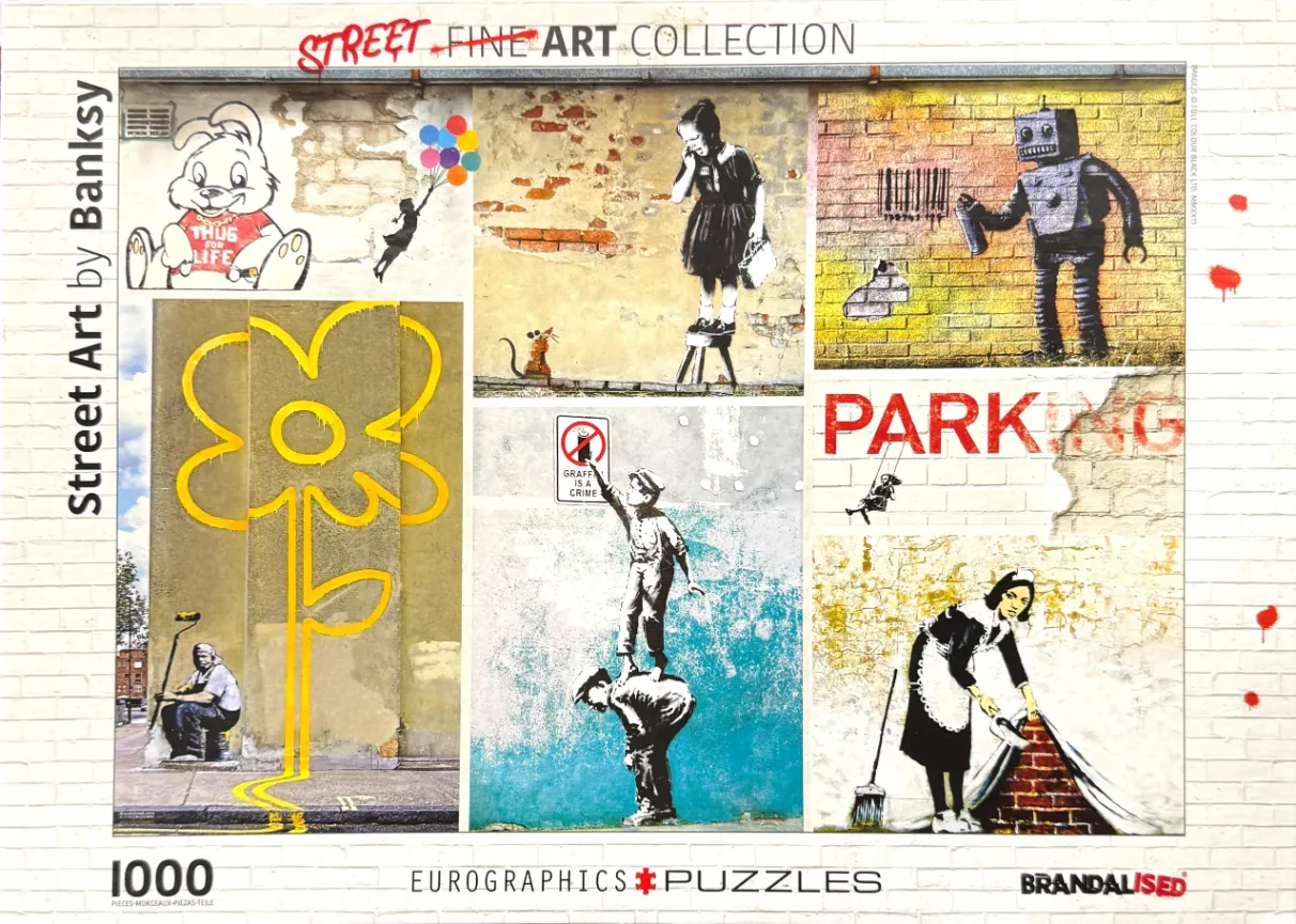 A collage of various street art murals including stenciled figures, a large yellow flower, and urban motifs.